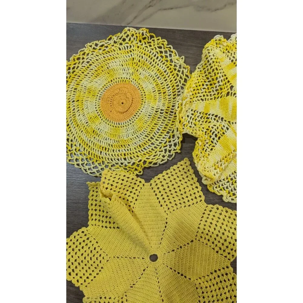 Crocheted Yellow Starburst Lace Doily Set Of 3 Handmade ~12